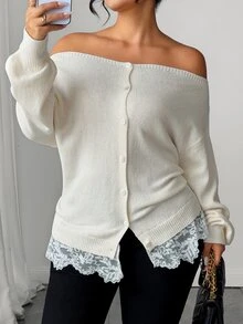 Linhara CURVE Women Fall Off White Cold Shoulder Knit Cardigan, Lace Hem Button Front Long Sleeve Loose Sweater - Apricot - View 4