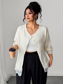 Linhara CURVE Women Fall Off White Cold Shoulder Knit Cardigan, Lace Hem Button Front Long Sleeve Loose Sweater - Apricot - View 5