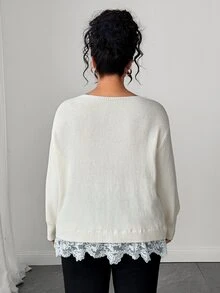Linhara CURVE Women Fall Off White Cold Shoulder Knit Cardigan, Lace Hem Button Front Long Sleeve Loose Sweater - Apricot - View 2