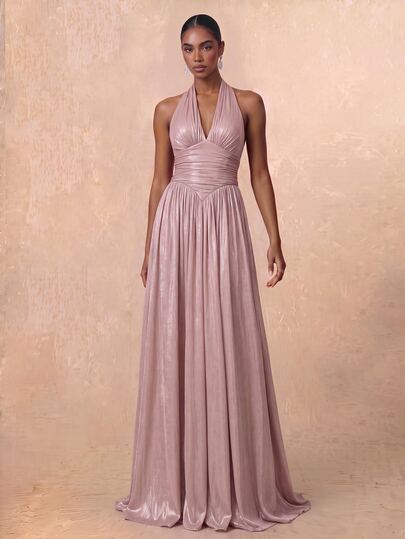 Lumalex Elegant, , Fashionable Pink Shiny Organza Fabric Ruched Decor Halter Neck Big A-Line Silhouette Party Dress, Wedding Guest Formal Evening Gown