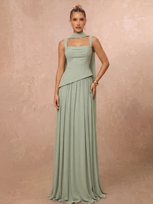 Lumalex Elegant And Luxurious Green Elastic Satin & Chiffon Patchwork Asymmetrical Design Ruched A-Line Hem Dress (Detachable Neck Scarf) Fall - Grass Green - View 6