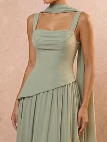 Lumalex Elegant And Luxurious Green Elastic Satin & Chiffon Patchwork Asymmetrical Design Ruched A-Line Hem Dress (Detachable Neck Scarf) Fall - Grass Green - View 8