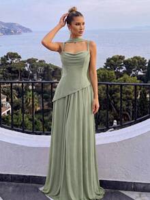 Lumalex Elegant And Luxurious Green Elastic Satin & Chiffon Patchwork Asymmetrical Design Ruched A-Line Hem Dress (Detachable Neck Scarf) Fall - Grass Green - View 7