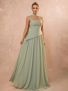 Lumalex Elegant And Luxurious Green Elastic Satin & Chiffon Patchwork Asymmetrical Design Ruched A-Line Hem Dress (Detachable Neck Scarf) Fall - Grass Green - View 2