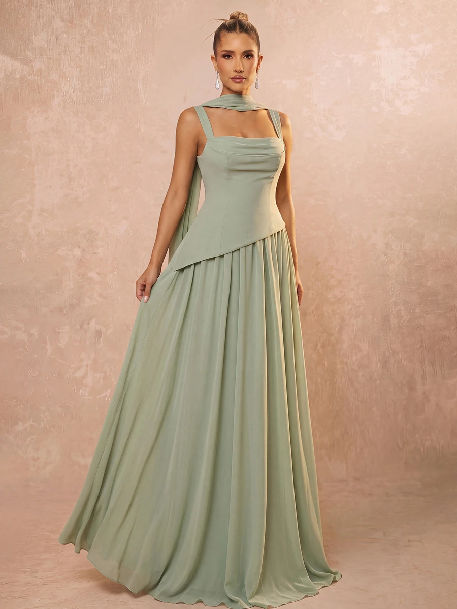 Lumalex Elegant And Luxurious Green Elastic Satin & Chiffon Patchwork Asymmetrical Design Ruched A-Line Hem Dress (Detachable Neck Scarf) Fall