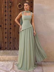 Lumalex Elegant And Luxurious Green Elastic Satin & Chiffon Patchwork Asymmetrical Design Ruched A-Line Hem Dress (Detachable Neck Scarf) Fall - Grass Green - View 3