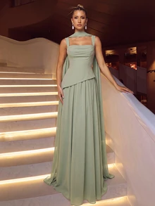 Lumalex Elegant And Luxurious Green Elastic Satin & Chiffon Patchwork Asymmetrical Design Ruched A-Line Hem Dress (Detachable Neck Scarf) Fall - Grass Green - View 4