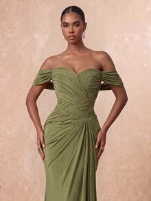 Lumalex Elegant Green Ruffle Mesh Knit Maxi Dress,Handmade Pleated Asymmetrical Ruffle Fishtail Hem Gown For Weddings,Formal Occasions&Parties Party - Olive Green - View 7