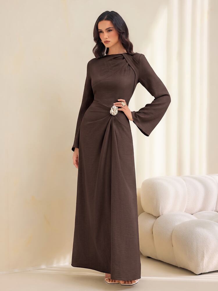 SHEIN Tall Women's Solid Color Twist Detail Front Metal Buckle Decor Flare Long Sleeve Dress, Women's Autumn Fo Dinner Date Party Dark Brown Elegant - Brown - View 7