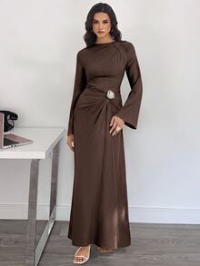 SHEIN Tall 女款純色扭結設計前襟金屬扣飾喇叭袖長袖洋裝，冬季保暖 - 棕色 - 查看 2