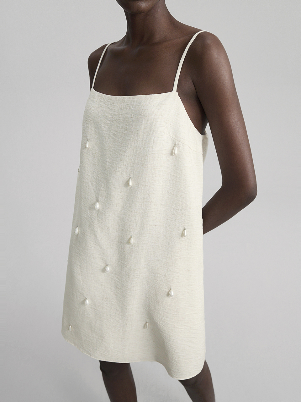 Women's Loose White Sleeveless Mini Dress With Faux Pearl Linen Lightweight Casual Style,Suitable For Beach,Holiday,Country Music Festival