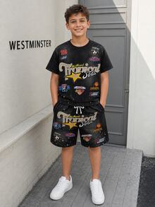 SHEIN 男童街頭風圖案T恤套裝，丹寧效果黑紅徽章字母短袖短褲套裝，8-12歲，適合假期度假夏季 - 黑色 - 查看 6