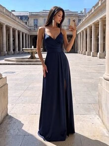Firerie 女款純色優雅前褶皺開衩細肩帶伴娘禮服（成人）婚禮 - 藏蓝色 - 查看 8