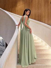 Firerie Elegant And Luxurious Green Elastic Satin & Chiffon Patchwork Asymmetrical Design Ruched A-Line Hem Dress (Detachable Neck Scarf) Fall - Grass Green - View 5