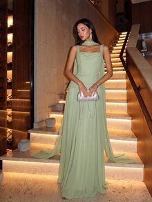 Firerie Elegant And Luxurious Green Elastic Satin & Chiffon Patchwork Asymmetrical Design Ruched A-Line Hem Dress (Detachable Neck Scarf) Fall - Grass Green - View 7