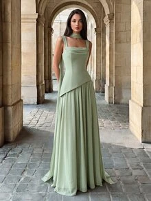 Firerie Elegant And Luxurious Green Elastic Satin & Chiffon Patchwork Asymmetrical Design Ruched A-Line Hem Dress (Detachable Neck Scarf) Fall - Grass Green - View 8