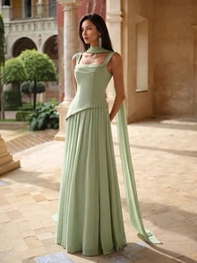 Firerie Elegant And Luxurious Green Elastic Satin & Chiffon Patchwork Asymmetrical Design Ruched A-Line Hem Dress (Detachable Neck Scarf) Fall - Grass Green - View 4