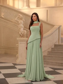 Firerie Elegant And Luxurious Green Elastic Satin & Chiffon Patchwork Asymmetrical Design Ruched A-Line Hem Dress (Detachable Neck Scarf) Fall - Grass Green - View 9