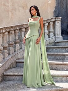 Firerie Elegant And Luxurious Green Elastic Satin & Chiffon Patchwork Asymmetrical Design Ruched A-Line Hem Dress (Detachable Neck Scarf) Fall - Grass Green - View 3