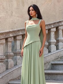 Firerie Elegant And Luxurious Green Elastic Satin & Chiffon Patchwork Asymmetrical Design Ruched A-Line Hem Dress (Detachable Neck Scarf) Fall - Grass Green - View 6