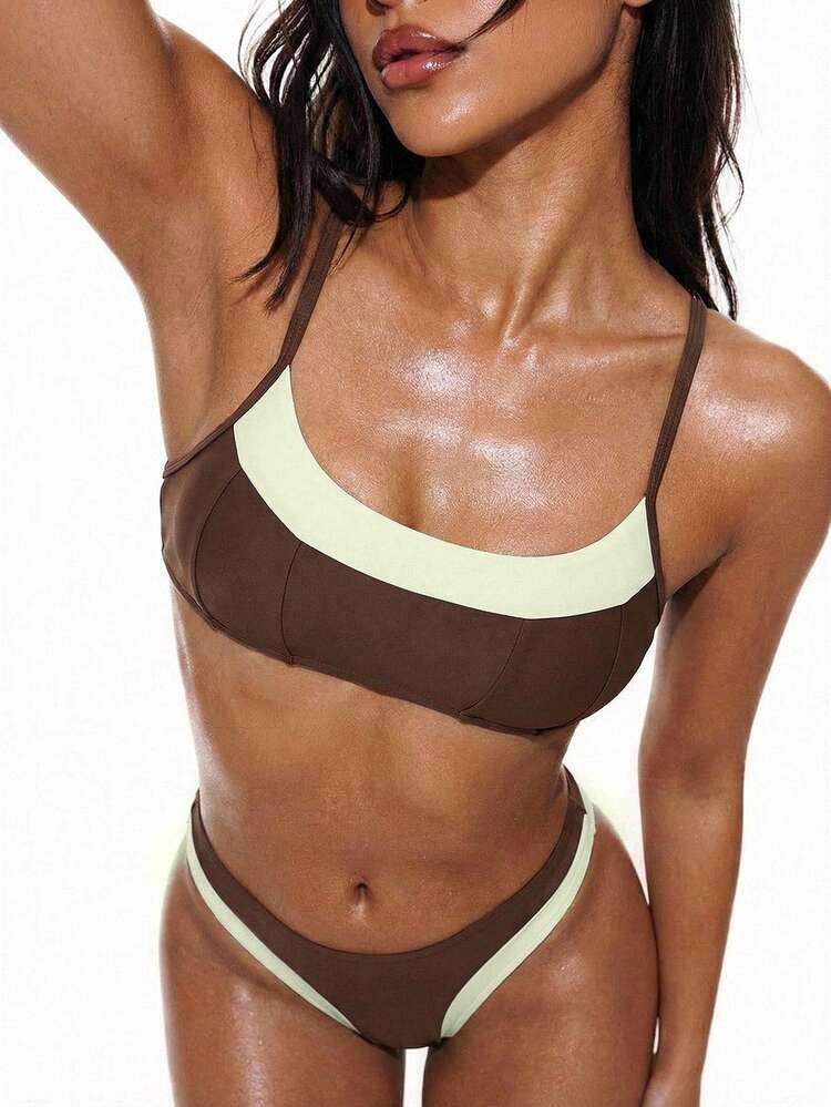 Oceva 2pcs Women's Brown Patchwork Bikini Set,Dark Green,Summer,Classy,Beach,Holiday,Holiday Minimalist Fashion Casual Vacation Bathing Suit Two Piece Set - Coffee Brown - View 4