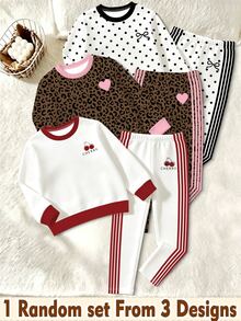 SHEIN 1套隨機驚喜盲盒 幼女韓系極簡風 波點蝴蝶結豹紋愛心櫻桃刺繡圓領衛衣條紋內搭褲 適合日常戶外出遊聚會 春秋休閒 幼女2件套 - 彩色 - 查看 1