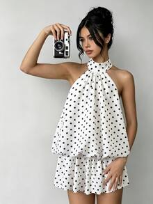 SHEIN 青少年女孩波點印花掛脖露背無袖夏季洋裝 正式舞會沙灘派對 白色優雅可愛休閒 - 白色 - 查看 3