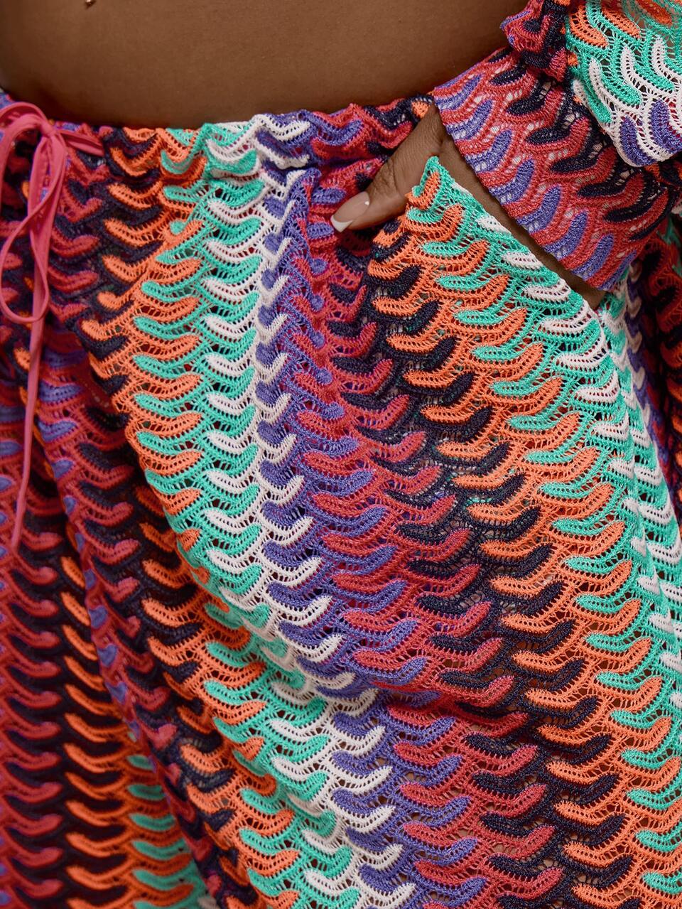 Curve Multicolour Drawstring Waist Crochet Knit Style Wide Leg Trouser