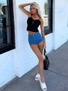 Sydney Algeri Summer High Waist Skinny Denim Shorts Casual - Medium Wash - View 2
