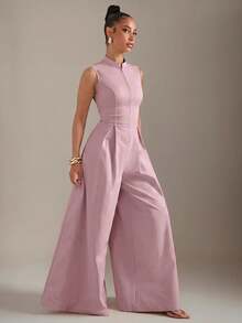 Hauture Extreme Wide Leg Zip Front Sleeveless Jumpsuit - Pink - View 3