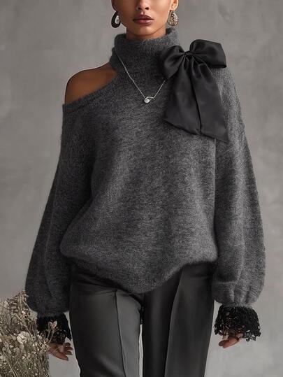 Ceyna Women's Autumn/Winter High Neck Long Sleeve Bow Decor Lace Patchwork Loose Lazy Elegant Romantic Elegant Design Date Holiday Outfit 2026 New Plus Size Pullover Sweater