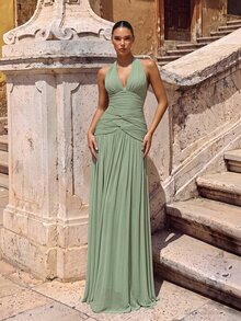 Glamrae Elegant Yellow Satin Strapless A-Line Dress, Netted Ruffle Pleated Hem Gown For Formal Parties,Wedding Guests,Bachelorette & Formal Dinners - Green - View 7
