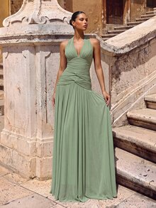 Glamrae Elegant Yellow Satin Strapless A-Line Dress, Netted Ruffle Pleated Hem Gown For Formal Parties,Wedding Guests,Bachelorette & Formal Dinners - Green - View 5