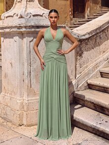 Glamrae Elegant Yellow Satin Strapless A-Line Dress, Netted Ruffle Pleated Hem Gown For Formal Parties,Wedding Guests,Bachelorette & Formal Dinners - Green - View 6