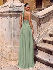 Glamrae Elegant Yellow Satin Strapless A-Line Dress, Netted Ruffle Pleated Hem Gown For Formal Parties,Wedding Guests,Bachelorette & Formal Dinners - Green - View 3