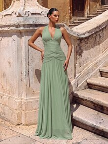 Glamrae Elegant Yellow Satin Strapless A-Line Dress, Netted Ruffle Pleated Hem Gown For Formal Parties,Wedding Guests,Bachelorette & Formal Dinners - Green - View 4