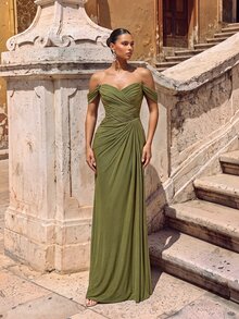 Glamrae Elegant Green Off Shoulder Mesh Knit Maxi Dress,Handmade Pleated Asymmetrical Ruffle Fishtail Hem Gown For Weddings,Formal Occasions&Parties - Olive Green - View 5