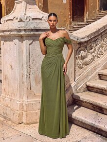 Glamrae Elegant Green Off Shoulder Mesh Knit Maxi Dress,Handmade Pleated Asymmetrical Ruffle Fishtail Hem Gown For Weddings,Formal Occasions&Parties - Olive Green - View 8