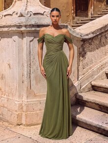 Glamrae Elegant Green Off Shoulder Mesh Knit Maxi Dress,Handmade Pleated Asymmetrical Ruffle Fishtail Hem Gown For Weddings,Formal Occasions&Parties - Olive Green - View 4