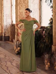 Glamrae Elegant Green Off Shoulder Mesh Knit Maxi Dress,Handmade Pleated Asymmetrical Ruffle Fishtail Hem Gown For Weddings,Formal Occasions&Parties - Olive Green - View 7