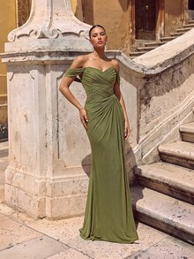 Glamrae Elegant Green Off Shoulder Mesh Knit Maxi Dress,Handmade Pleated Asymmetrical Ruffle Fishtail Hem Gown For Weddings,Formal Occasions&Parties - Olive Green - View 6