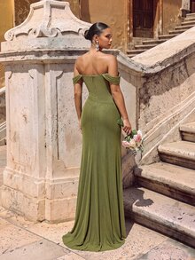 Glamrae Elegant Green Off Shoulder Mesh Knit Maxi Dress,Handmade Pleated Asymmetrical Ruffle Fishtail Hem Gown For Weddings,Formal Occasions&Parties - Olive Green - View 3