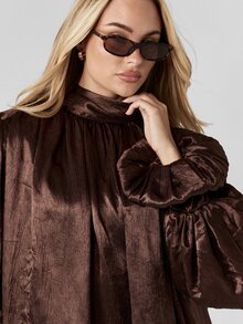 MISSGUIDED Voluminous Chocolate Brown Satin Co-Ord Set With Puff Sleeve Mock Neck Top And Wide Leg Pants For Evening Occasions Autumn Winter Collection - Coffee Brown - View 6