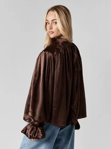 MISSGUIDED Voluminous Chocolate Brown Satin Co-Ord Set With Puff Sleeve Mock Neck Top And Wide Leg Pants For Evening Occasions Autumn Winter Collection - Coffee Brown - View 2