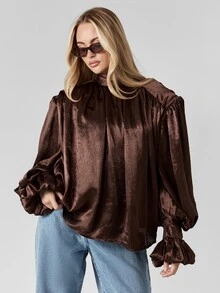MISSGUIDED Voluminous Chocolate Brown Satin Co-Ord Set With Puff Sleeve Mock Neck Top And Wide Leg Pants For Evening Occasions Autumn Winter Collection - Coffee Brown - View 3
