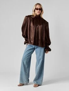 MISSGUIDED Voluminous Chocolate Brown Satin Co-Ord Set With Puff Sleeve Mock Neck Top And Wide Leg Pants For Evening Occasions Autumn Winter Collection - Coffee Brown - View 4
