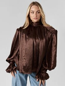MISSGUIDED Voluminous Chocolate Brown Satin Co-Ord Set With Puff Sleeve Mock Neck Top And Wide Leg Pants For Evening Occasions Autumn Winter Collection - Coffee Brown - View 5