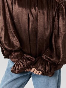 MISSGUIDED Voluminous Chocolate Brown Satin Co-Ord Set With Puff Sleeve Mock Neck Top And Wide Leg Pants For Evening Occasions Autumn Winter Collection - Coffee Brown - View 8