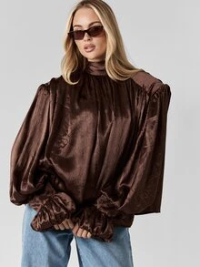 MISSGUIDED Voluminous Chocolate Brown Satin Co-Ord Set With Puff Sleeve Mock Neck Top And Wide Leg Pants For Evening Occasions Autumn Winter Collection - Coffee Brown - View 7