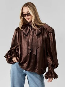MISSGUIDED Voluminous Chocolate Brown Satin Co-Ord Set With Puff Sleeve Mock Neck Top And Wide Leg Pants For Evening Occasions Autumn Winter Collection - Coffee Brown - View 1